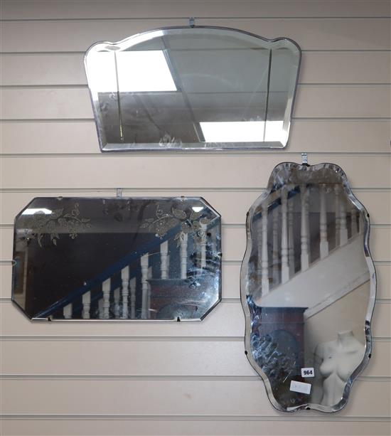 Three frameless wall mirrors largest W.55cm
